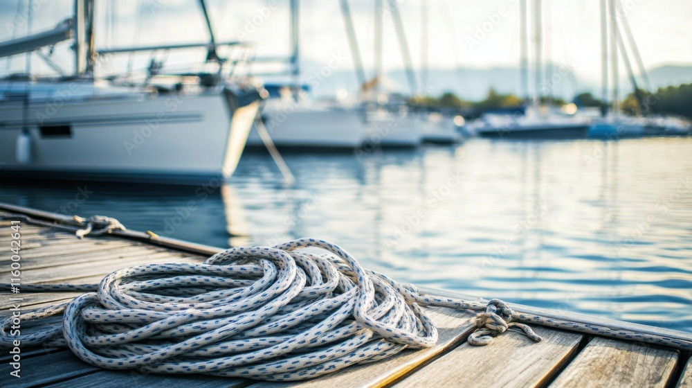 Obraz premium A serene sailing marina with sailboats bobbing gently on calm waters, Nautical gear and ropes neatly coiled on docks, Maritime adventure style