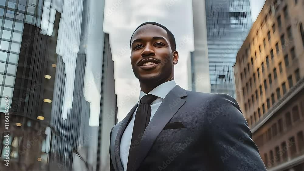 Confident young Black man in a suit against a city skyline.