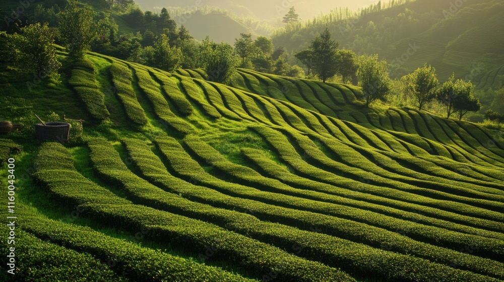 Fototapeta premium A serene tea plantation with rows of tea bushes on rolling hills, Traditional tea picking baskets and tools in use, Tea culture style