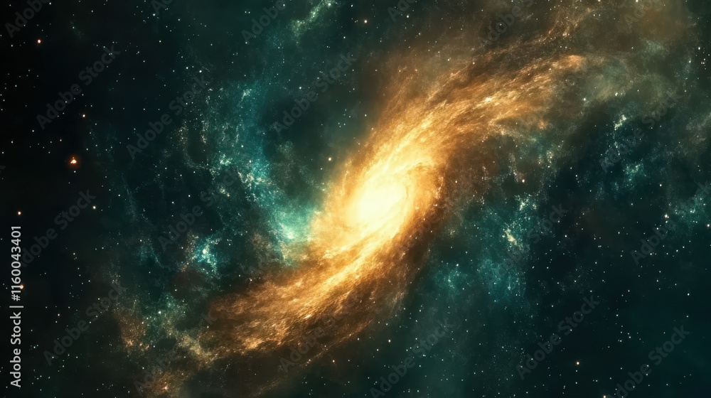 Fototapeta premium Abstract cosmic texture, swirling nebula-like patterns in deep teal and gold, illuminated with subtle streaks of turquoise