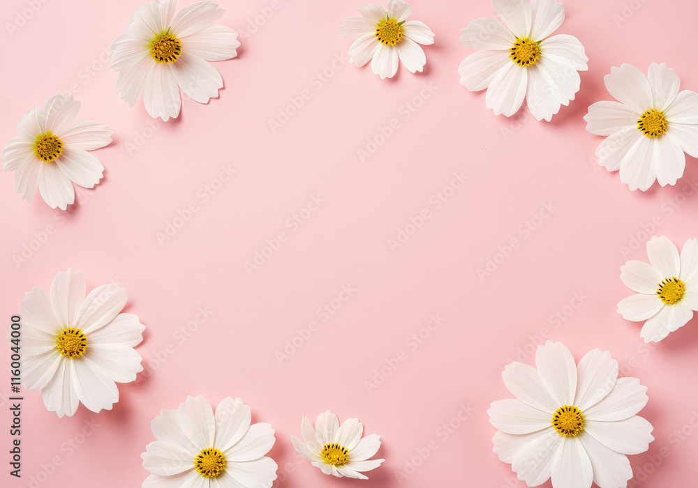 Pink background with a circular frame of white flowers: Generated image Pink background with a circular frame of white flowers: Generated image
