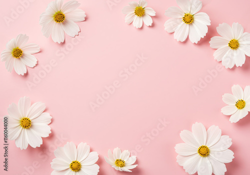 Pink background with a circular frame of white flowers: Generated image