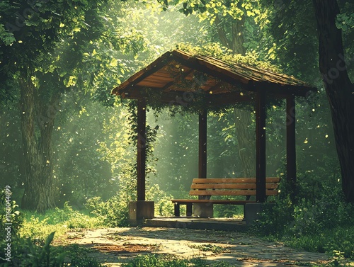 A bus stop with an empty advertising billboard in an urban setting with fallen leaves on the ground and a bus passing by in the background. Generative AI