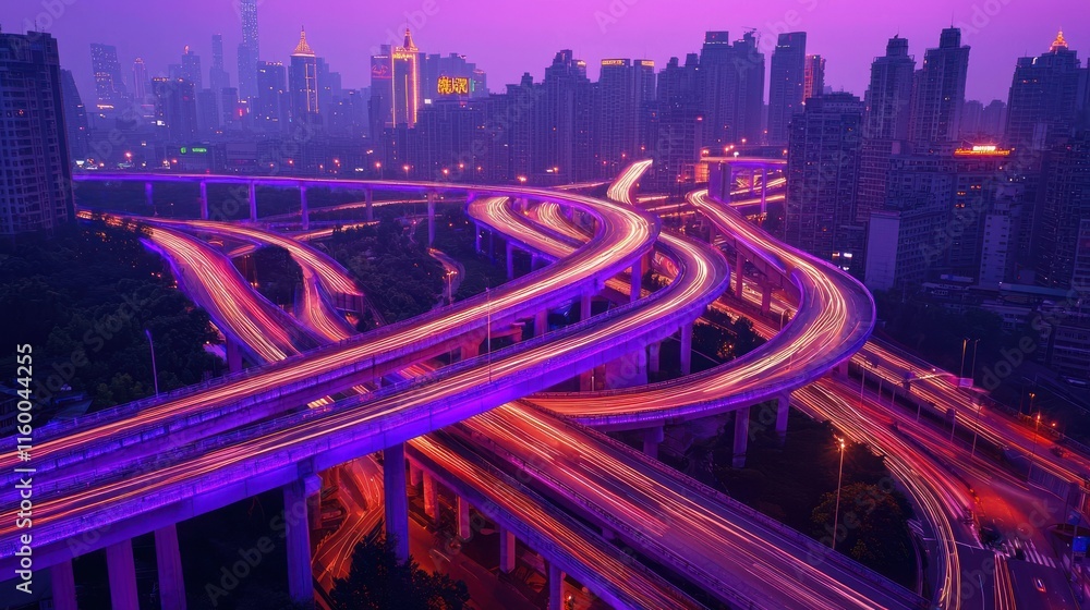 Obraz premium Night cityscape with complex highway interchange and purple sky.