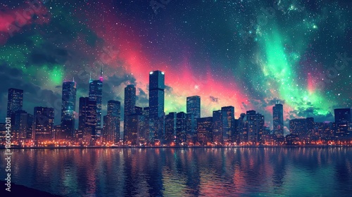 Stunning Cityscape at Night with Colorful Aurora Borealis Sky