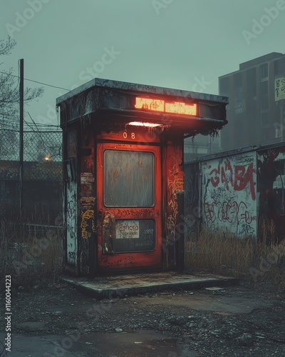 A bus stop with an empty advertising billboard in an urban setting with fallen leaves on the ground and a bus passing by in the background. Generative AI