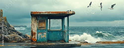 A bus stop with an empty advertising billboard in an urban setting with fallen leaves on the ground and a bus passing by in the background. Generative AI