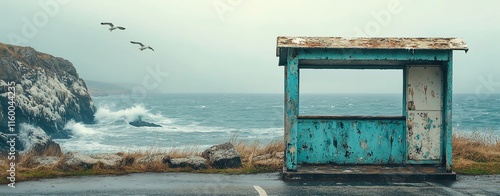 A bus stop with an empty advertising billboard in an urban setting with fallen leaves on the ground and a bus passing by in the background. Generative AI