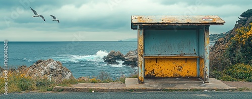 A bus stop with an empty advertising billboard in an urban setting with fallen leaves on the ground and a bus passing by in the background. Generative AI