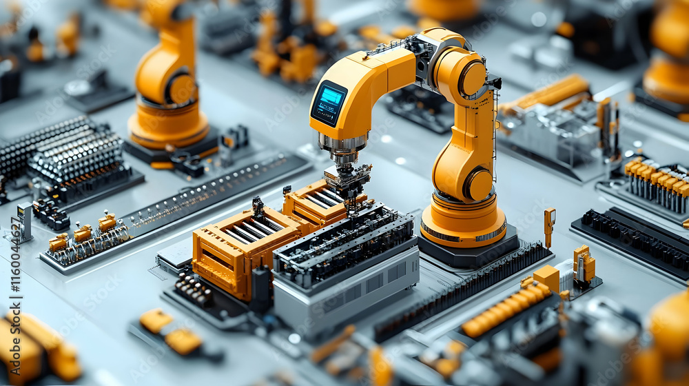 Fototapeta premium A robotic arm assembling components on a manufacturing floor, showcasing automation technology.