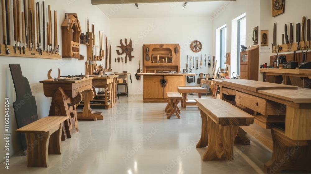 A serene woodworking studio with rows of handcrafted furniture, Woodworking tools displayed with artisan precision, Craftsmanship showcase style A serene woodworking studio with rows of handcrafted furniture, Woodworking tools displayed with artisan precision, Craftsmanship showcase style