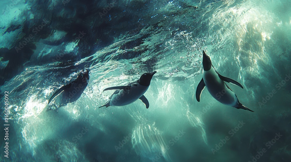 Obraz premium Three penguins swimming underwater.