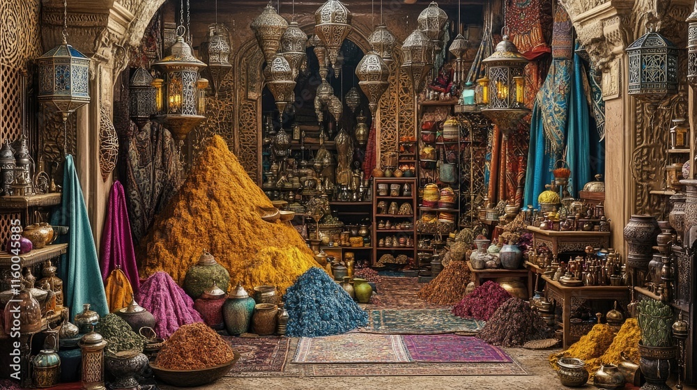 Fototapeta premium A vibrant marketplace filled with colorful spices and traditional decor.