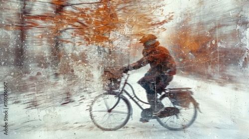 Wallpaper Mural Person cycling through a snowy forest on a vintage bicycle, blurred motion effect. Torontodigital.ca