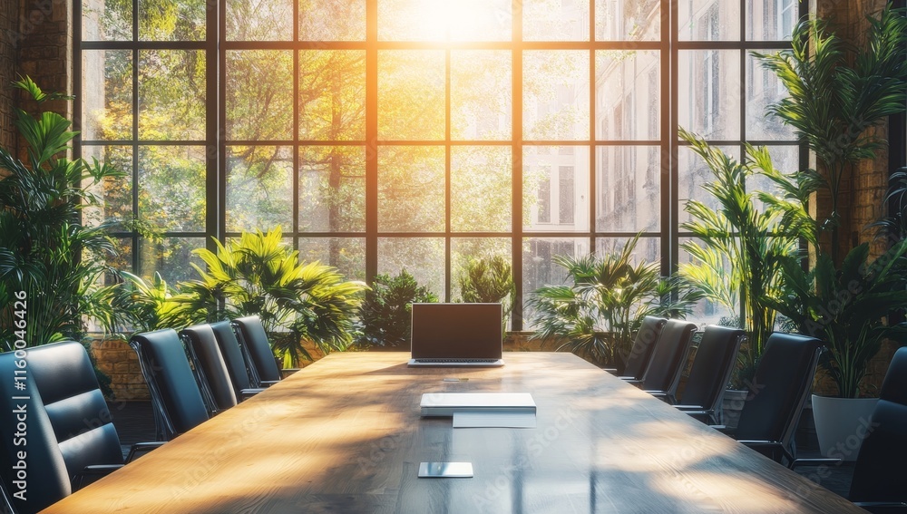 Sunlit modern conference room with large windows, plants, and laptop. Sunlit modern conference room with large windows, plants, and laptop.
