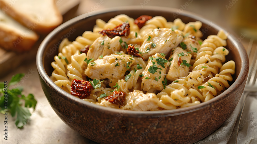 Delicious Fusilli Pasta with Chicken and Sun-Dried Tomatoes Dish Delicious Fusilli Pasta with Chicken and Sun-Dried Tomatoes Dish