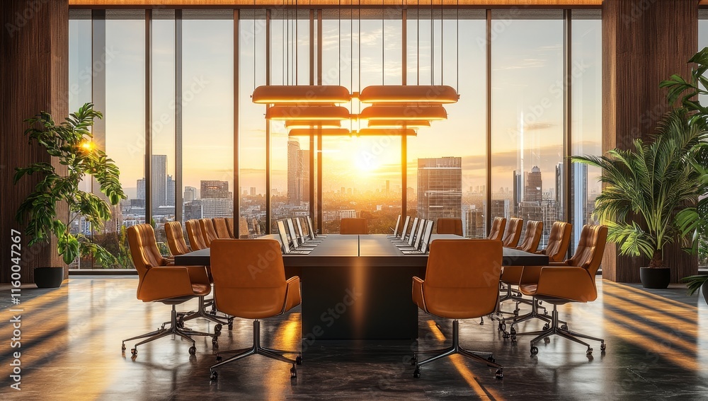 Fototapeta premium Modern boardroom with city sunrise view.