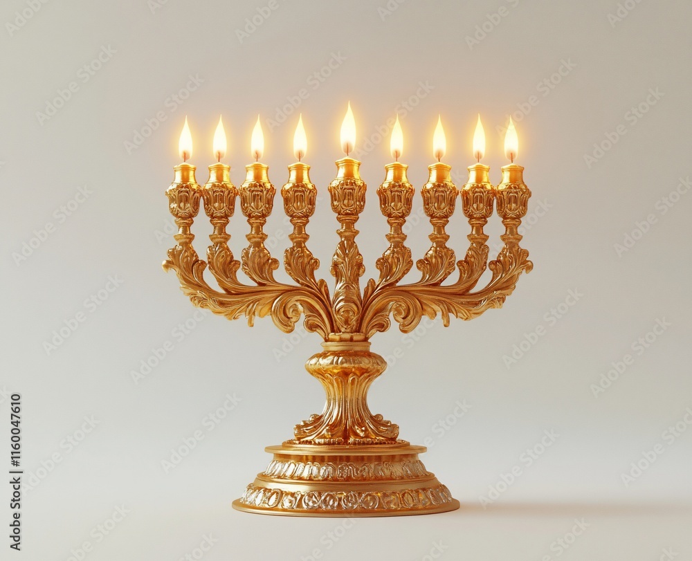 Ornate gold menorah with lit candles against a white background. Ornate gold menorah with lit candles against a white background.