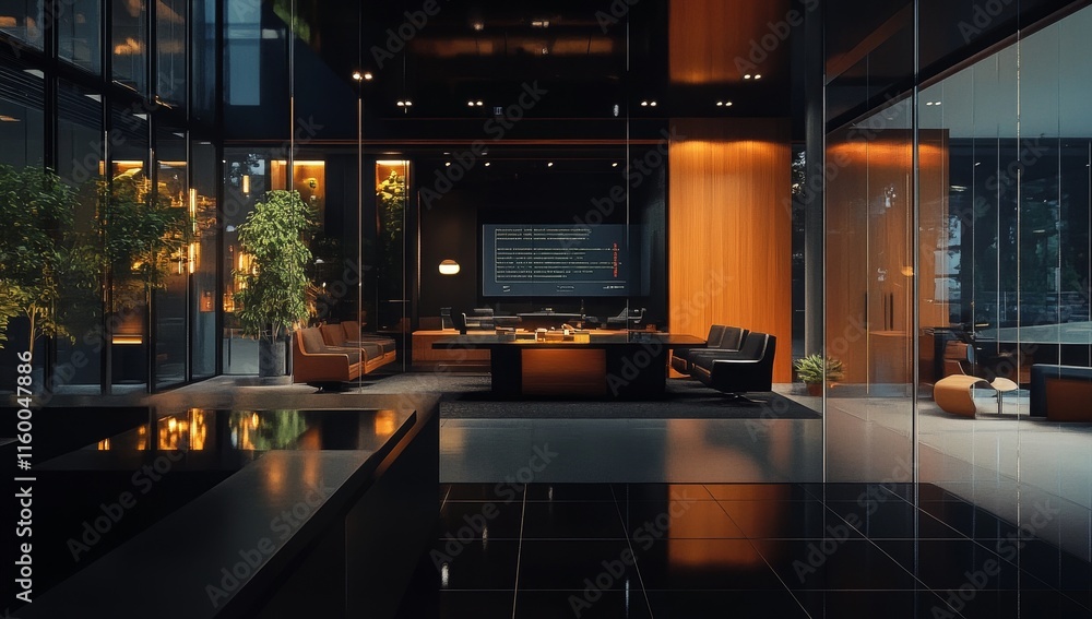 Modern office interior with wood and glass walls, plants, and a large conference table.