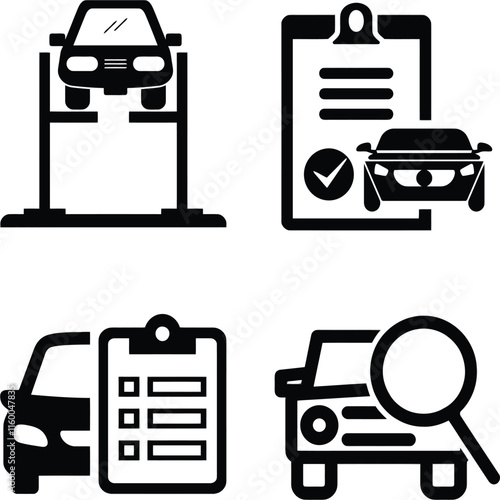 A black and white icon of a car with a check mark