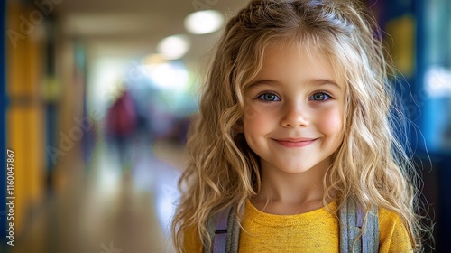 Child with a bright smile excited to learn, arriving at school in a colorful hallway filled with light and laughter