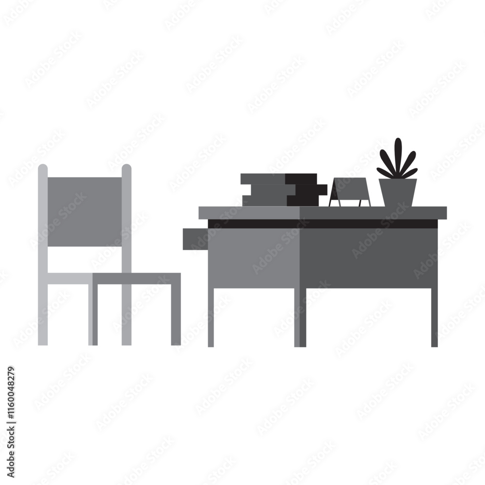 Illustration of a simple desk and chair set, featuring a potted plant, books, and a drawer. Illustration of a simple desk and chair set, featuring a potted plant, books, and a drawer.