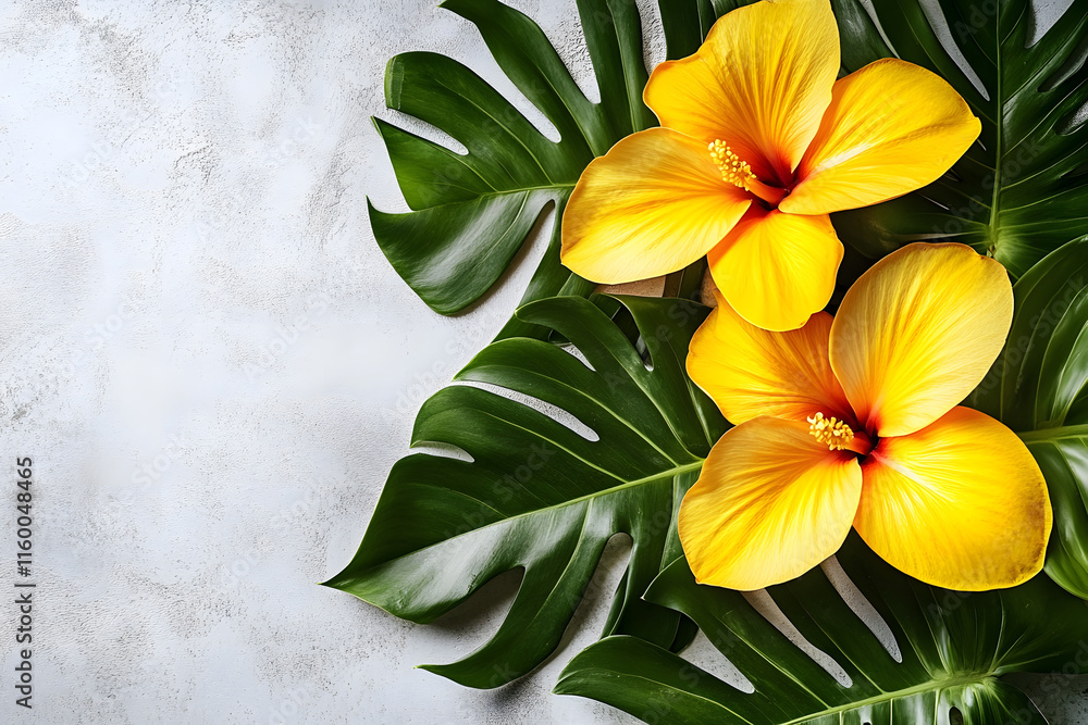 Obraz premium Vibrant Yellow Hibiscus Flowers on Lush Green Monstera Leaves Background : Generative AI
