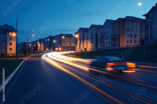 A blurred car drives fast on the road in the evening.