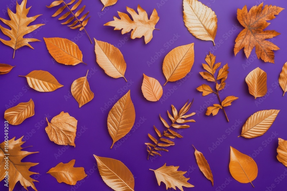 Obraz premium Violet Background Adorned with a Pattern of Diverse Dry Orange Metallic Leaves
