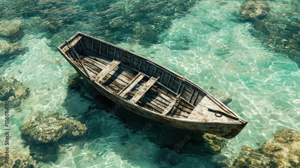 Obraz premium Old wooden boat in shallow turquoise water.