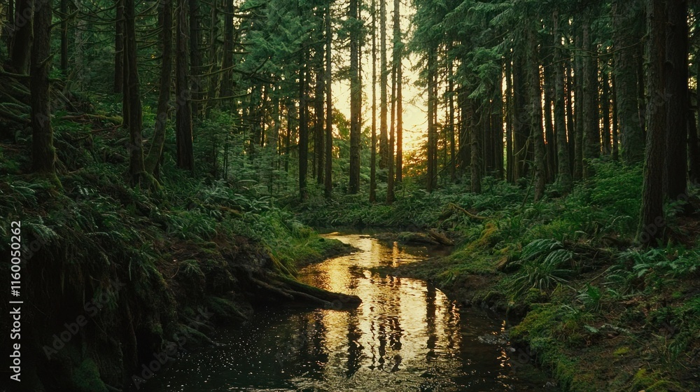 Sunset illuminating a creek in a lush, green forest. Sunset illuminating a creek in a lush, green forest.
