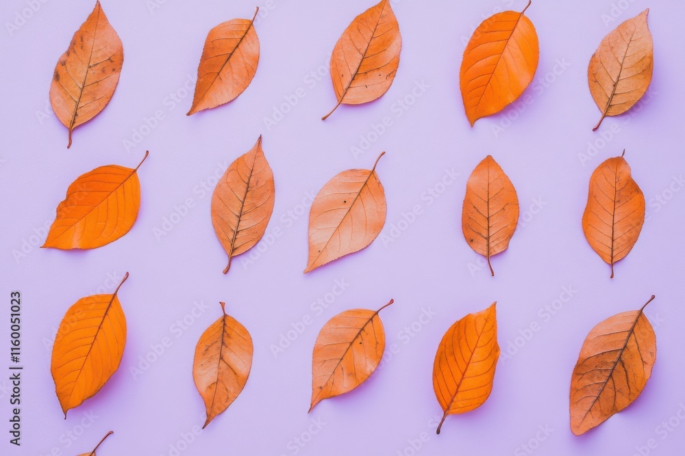 Obraz premium Violet Background Adorned with a Pattern of Diverse Dry Orange Metallic Leaves