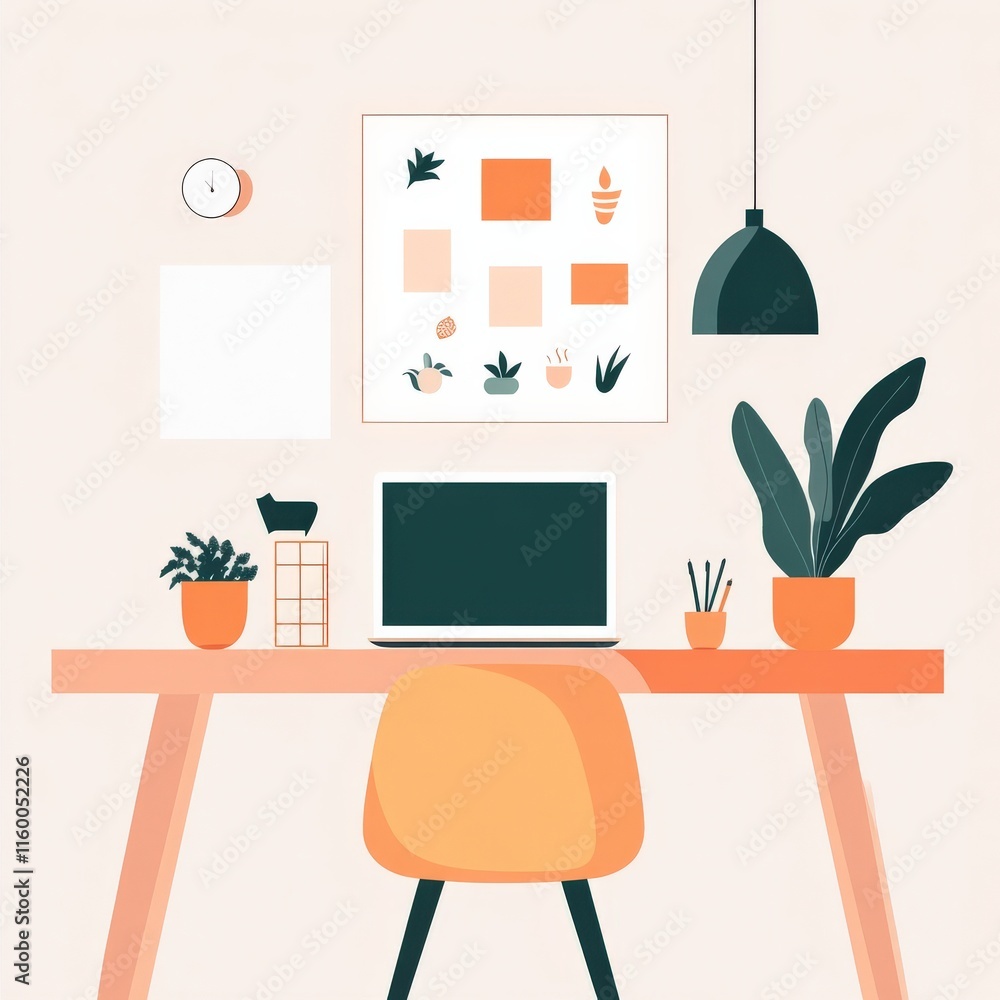Fototapeta premium Modern and Minimalistic Home Office Desk Setup Featuring a Laptop, Potted Plants, and Stylish Decor Elements for a Creative Workspace Environment