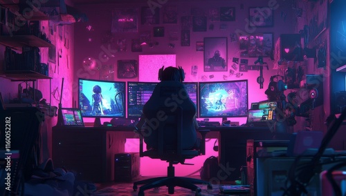 Gamer in vibrant, neon-lit room playing on triple monitors. photo