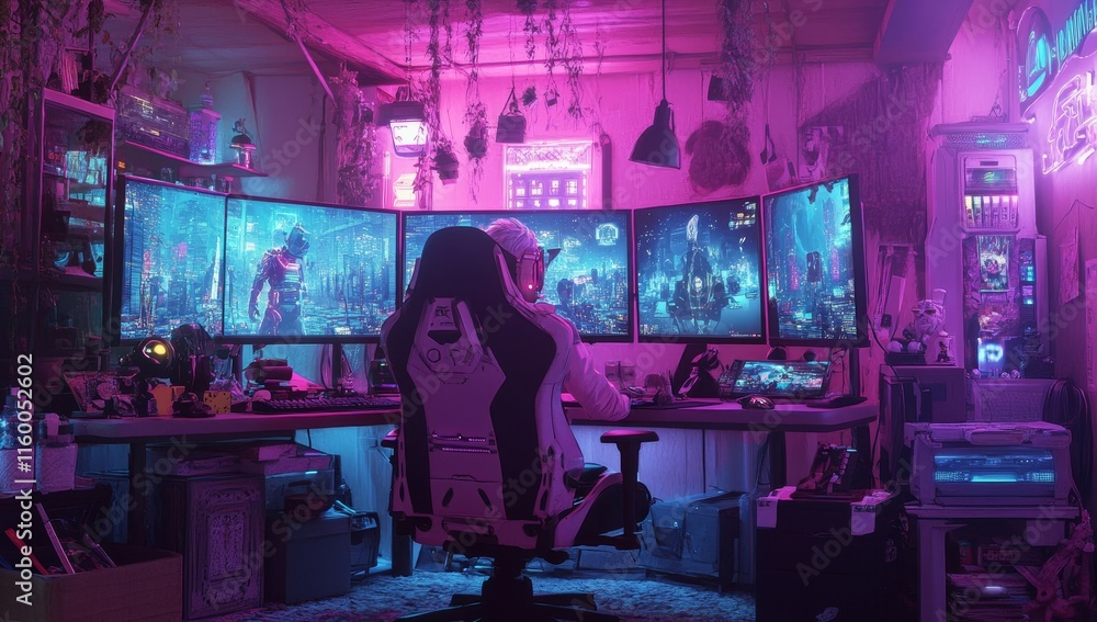 Naklejka premium Gamer in vibrant room playing video games on multiple monitors.