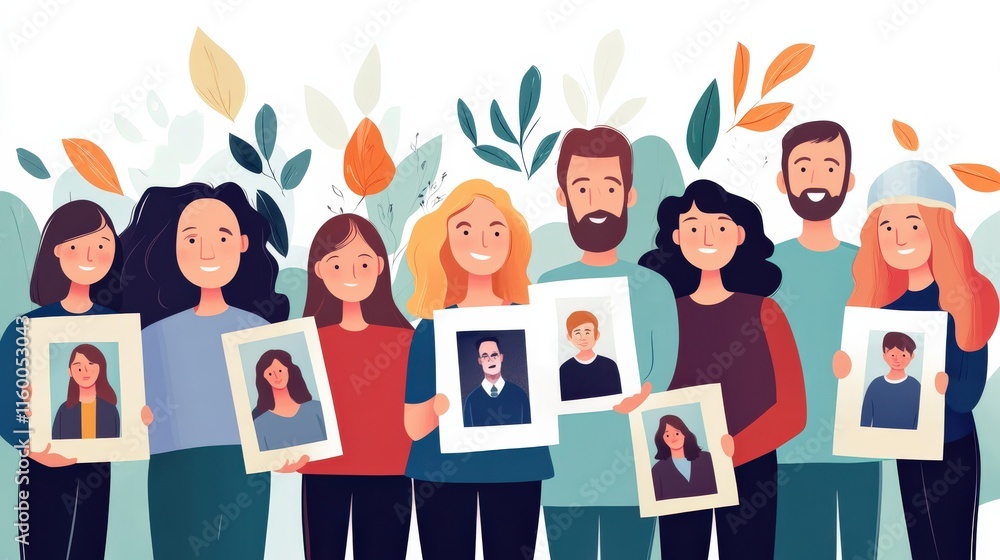 Obraz premium Diverse Group of People Holding Portraits in an Outdoor Setting Surrounded by Nature and Colorful Leaves Emphasizing Community and Relationships