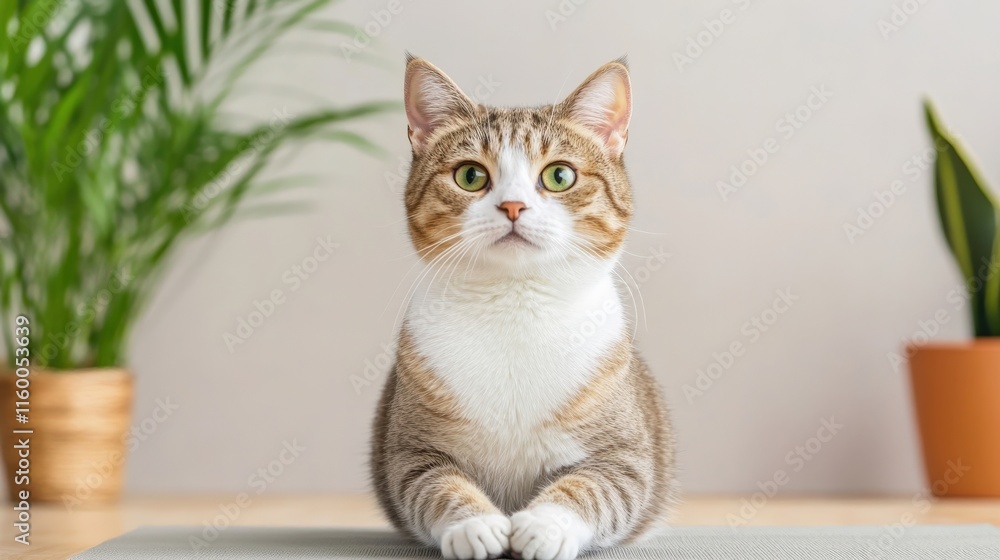 Charming Tabby Cat with Striking Green Eyes in a Cozy Indoor Setting Surrounded by Lush Green Plants and Warm Earthy Tones Charming Tabby Cat with Striking Green Eyes in a Cozy Indoor Setting Surrounded by Lush Green Plants and Warm Earthy Tones