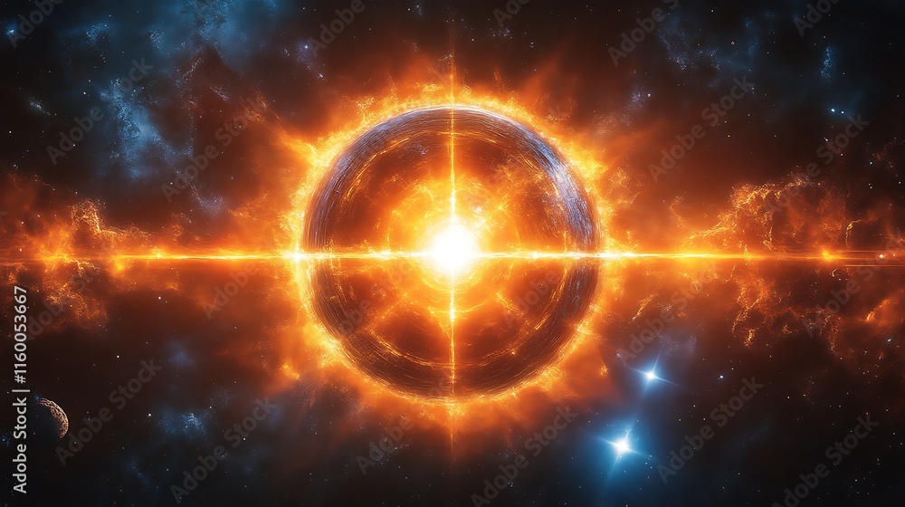 Fototapeta premium Fiery Celestial Orb Radiates Light Across Space