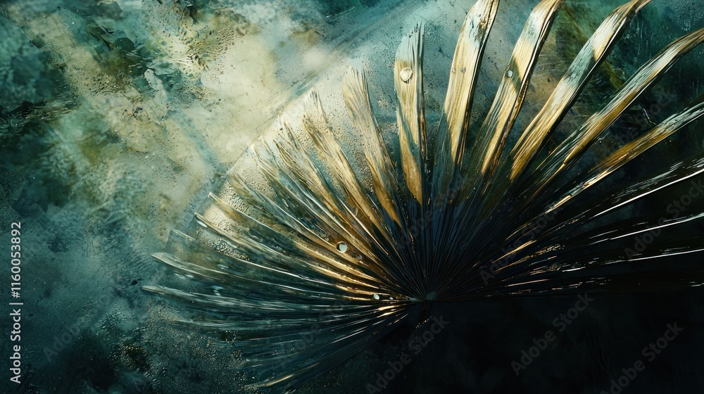 Naklejka premium Golden palm leaf on dark textured background.