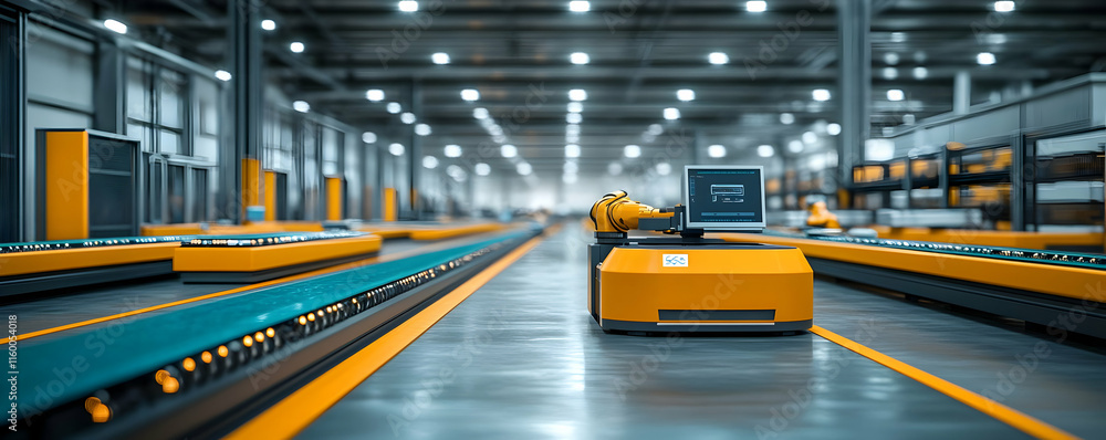 A modern automated warehouse with robotic systems and conveyor belts for efficient logistics. A modern automated warehouse with robotic systems and conveyor belts for efficient logistics.