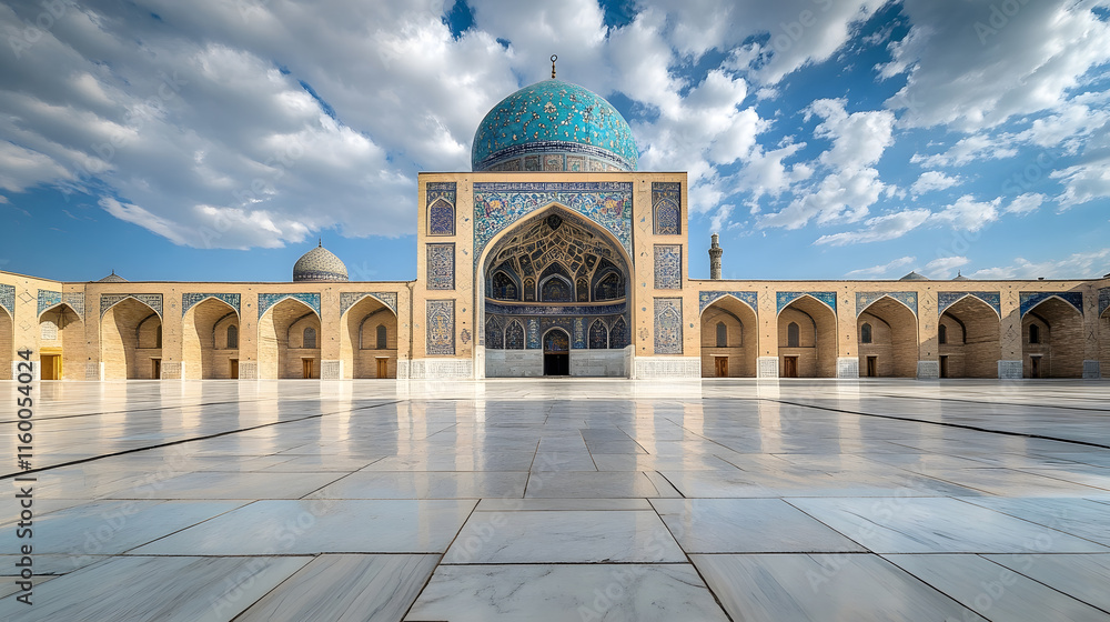 Obraz premium Magnificent mosque courtyard with intricate architecture under a vibrant cloudy sky : Generative AI