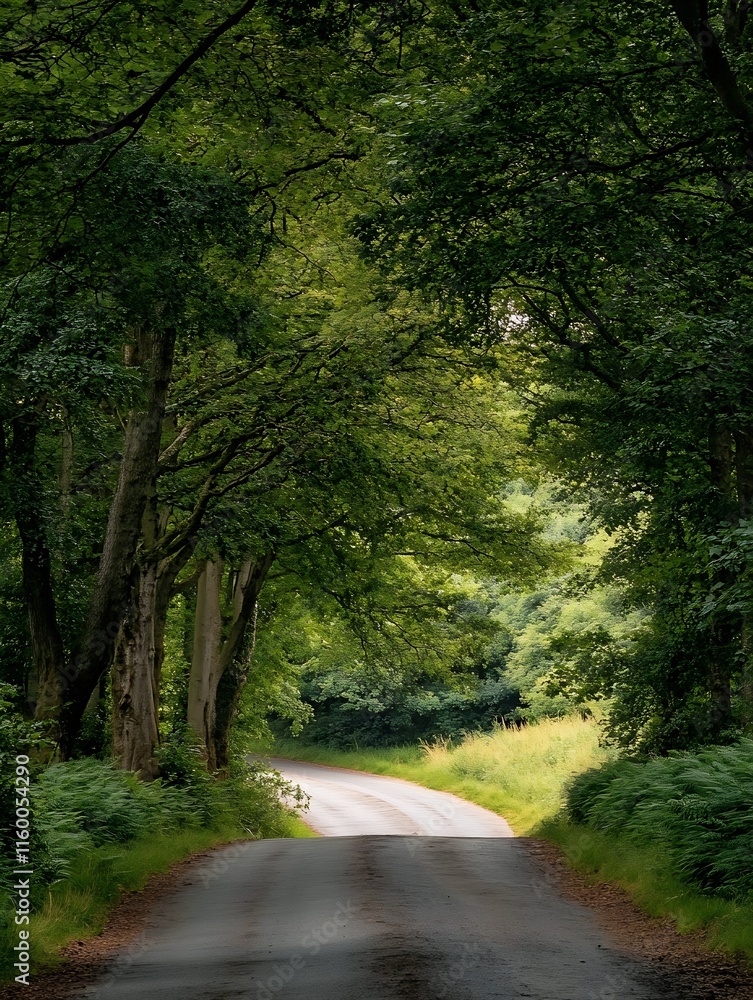 Obraz premium Serene Forest Road Surrounded by Lush Green Trees : Generative AI