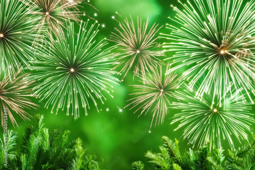 Green Festive Fireworks Display Over Evergreen Branches Background Green Festive Fireworks Display Over Evergreen Branches Background