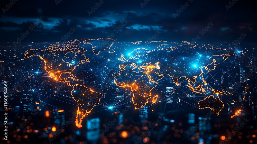 Fototapeta premium Global Network Illuminated Cities World Map