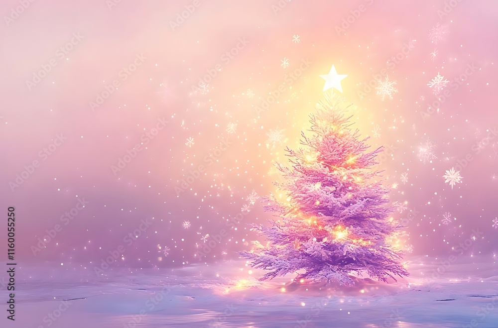 Magical pink Christmas tree in snowy landscape with soft light and falling snowflakes. Magical pink Christmas tree in snowy landscape with soft light and falling snowflakes.