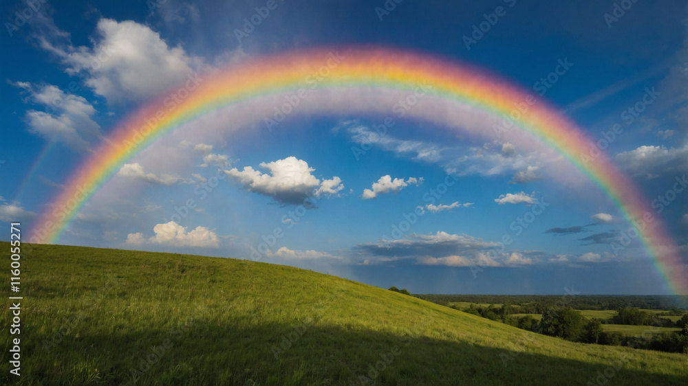 Vibrant rainbow arches over a rolling green hill under a partly cloudy blue sky. A picturesque landscape. Vibrant rainbow arches over a rolling green hill under a partly cloudy blue sky. A picturesque landscape.