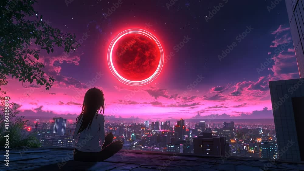 Anime girl sitting on the ground, watching a red moon in the night sky ...