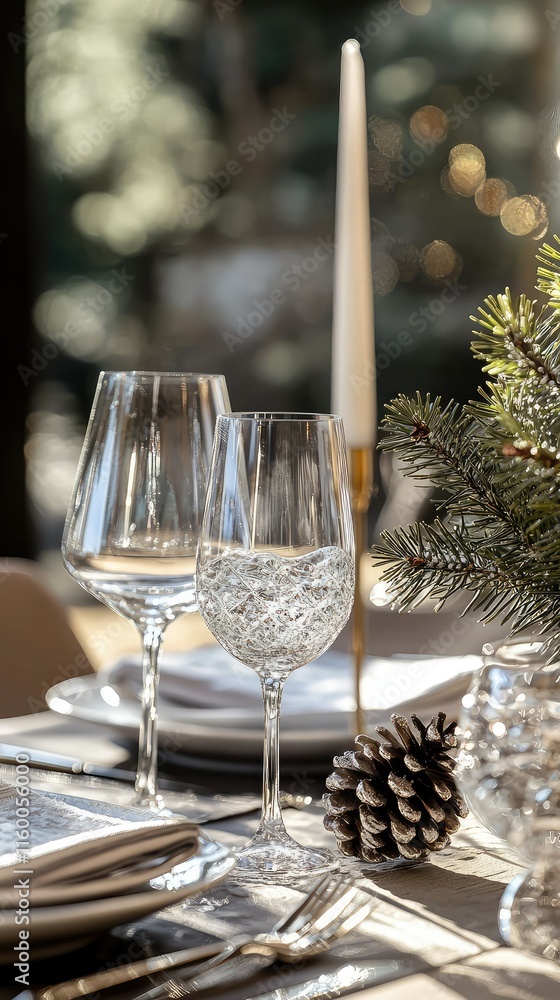 Elegant Dining Table Decor with Glassware and Pine Cone Accent Elegant Dining Table Decor with Glassware and Pine Cone Accent