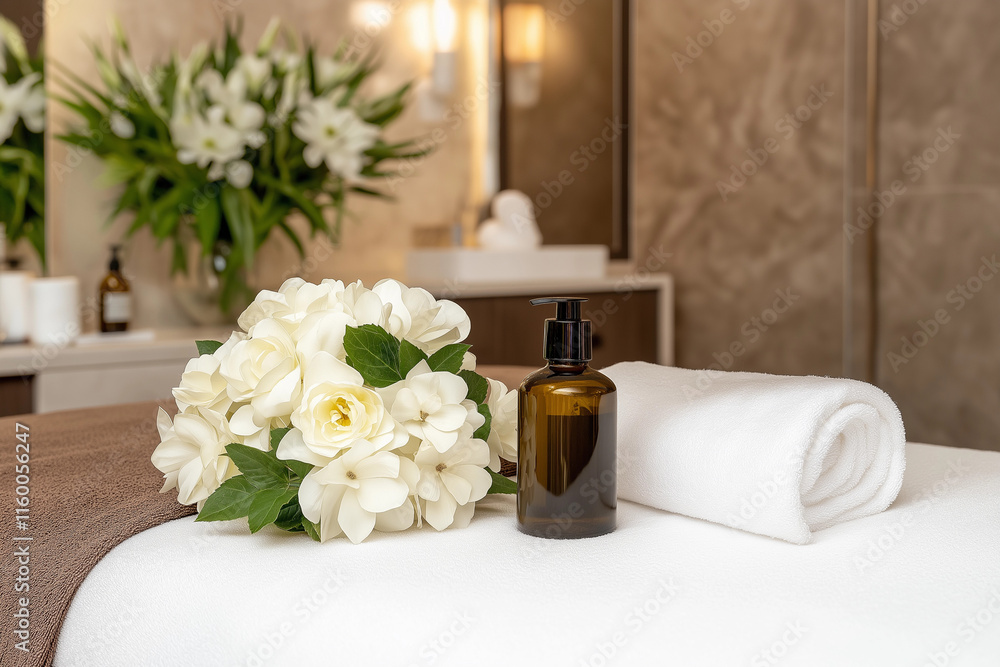 Spa treatment preparation: white flowers, amber bottle, and rolled towel on a massage table. Spa treatment preparation: white flowers, amber bottle, and rolled towel on a massage table.