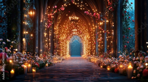 Romantic pathway with flowers, lights, and candles. Perfect for wedding, romance, or fairytale themes.